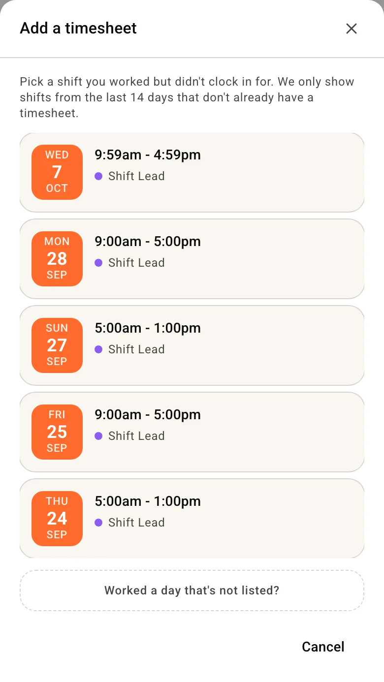Add a timesheet, listing recent shifts with no hours recorded