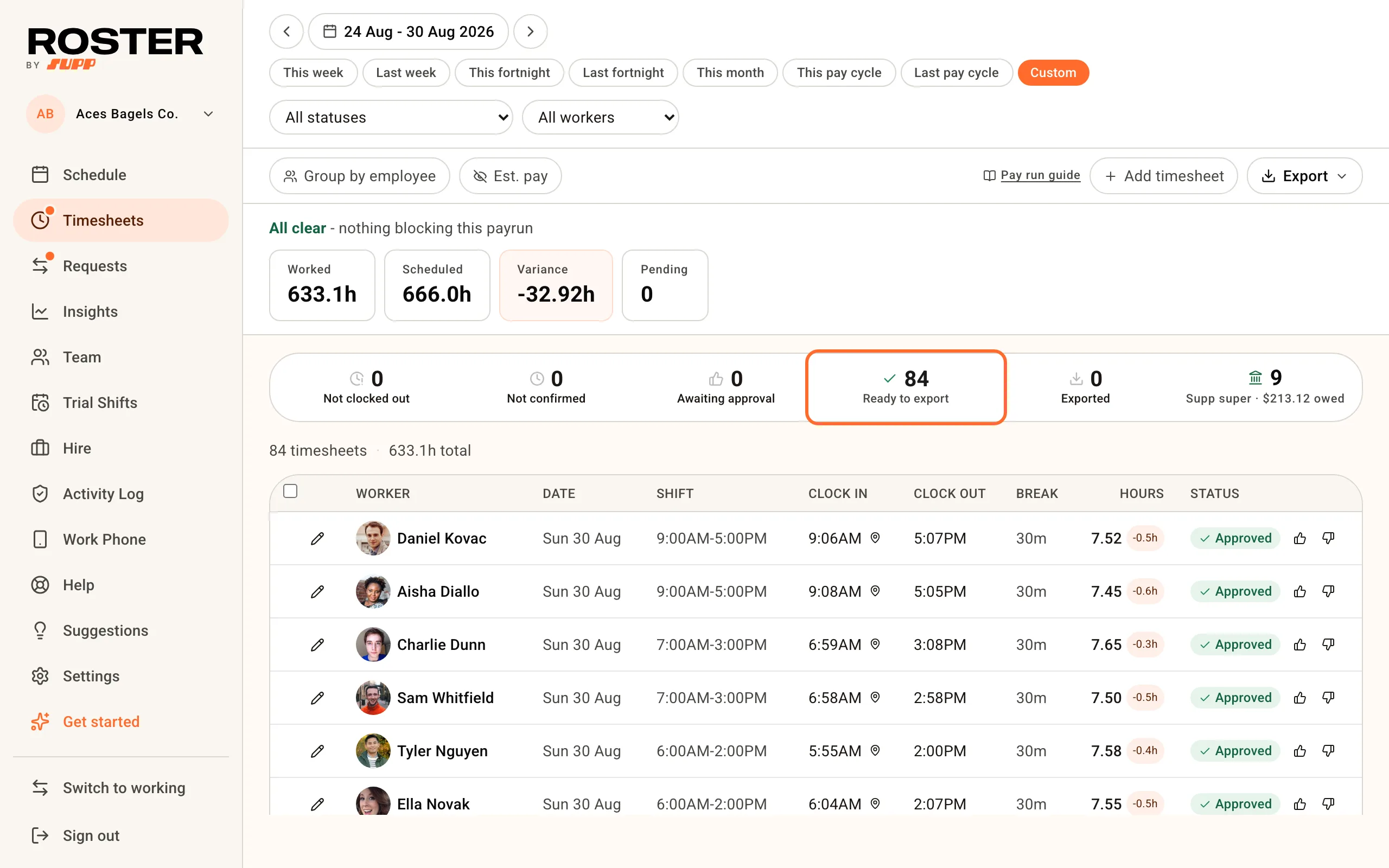 The Timesheets status counters with Ready to export ringed