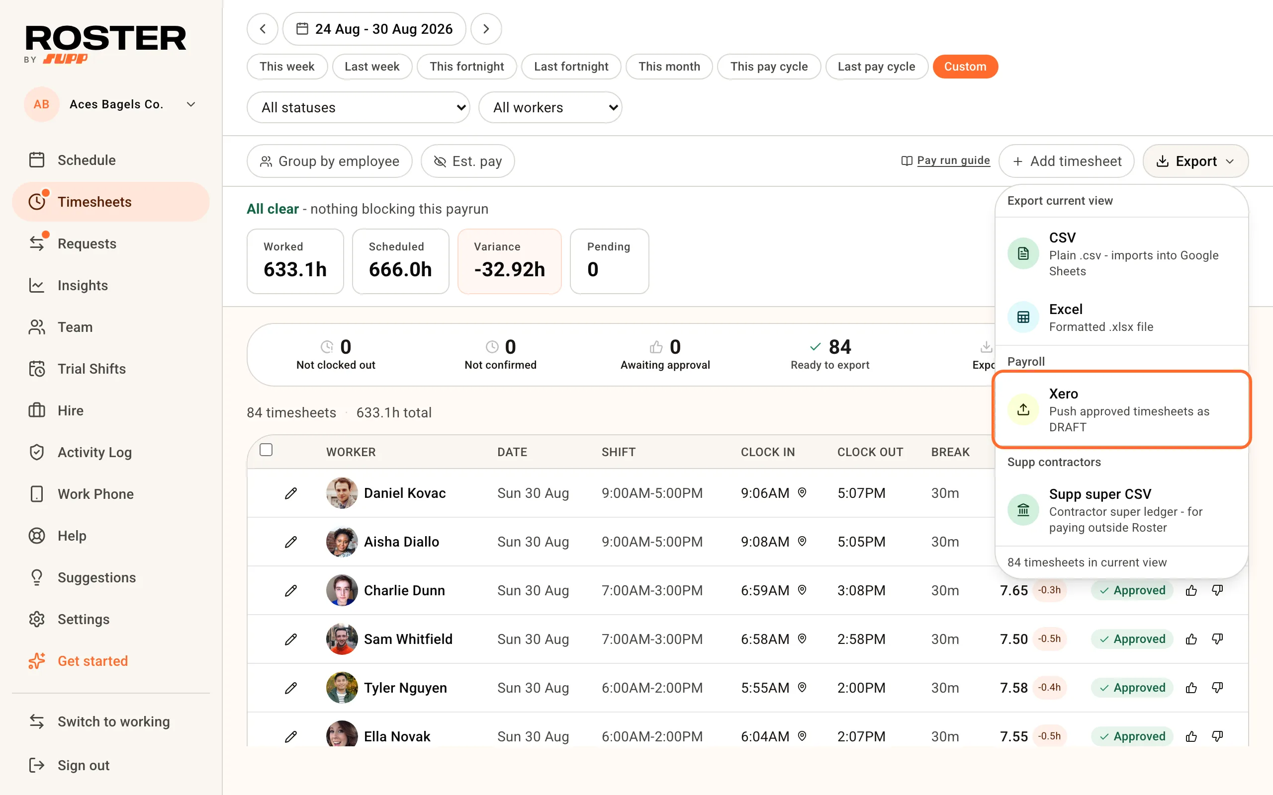 The Export menu open with Xero ringed