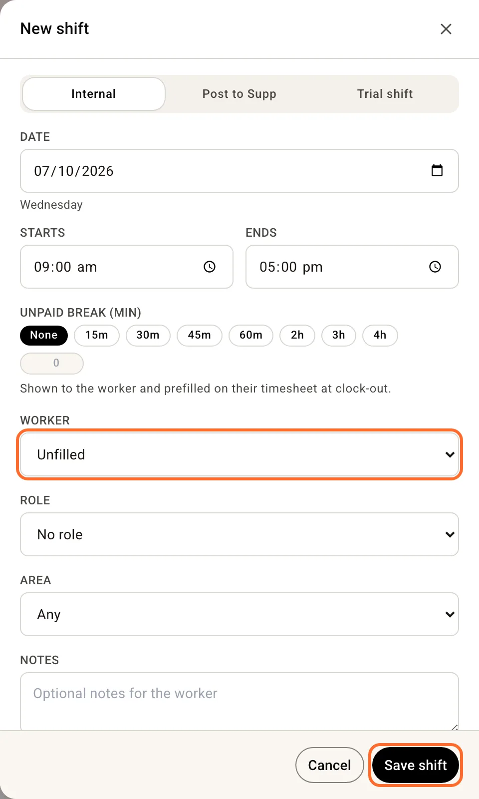 The New shift panel with Worker and Save shift ringed