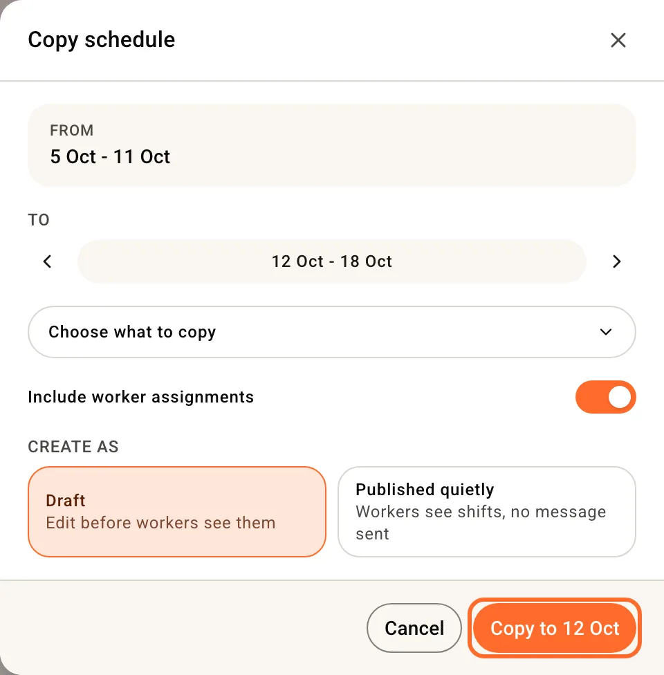 The Copy schedule panel with Copy to 12 Oct ringed