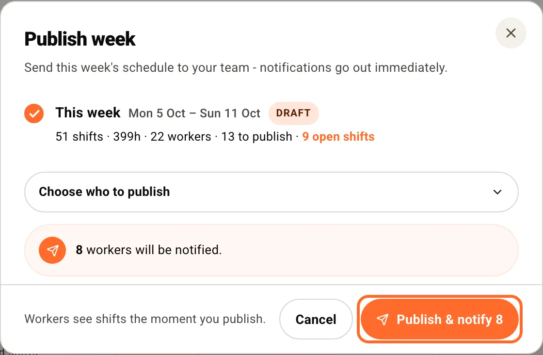 The Publish week dialog with Publish & notify 8 ringed