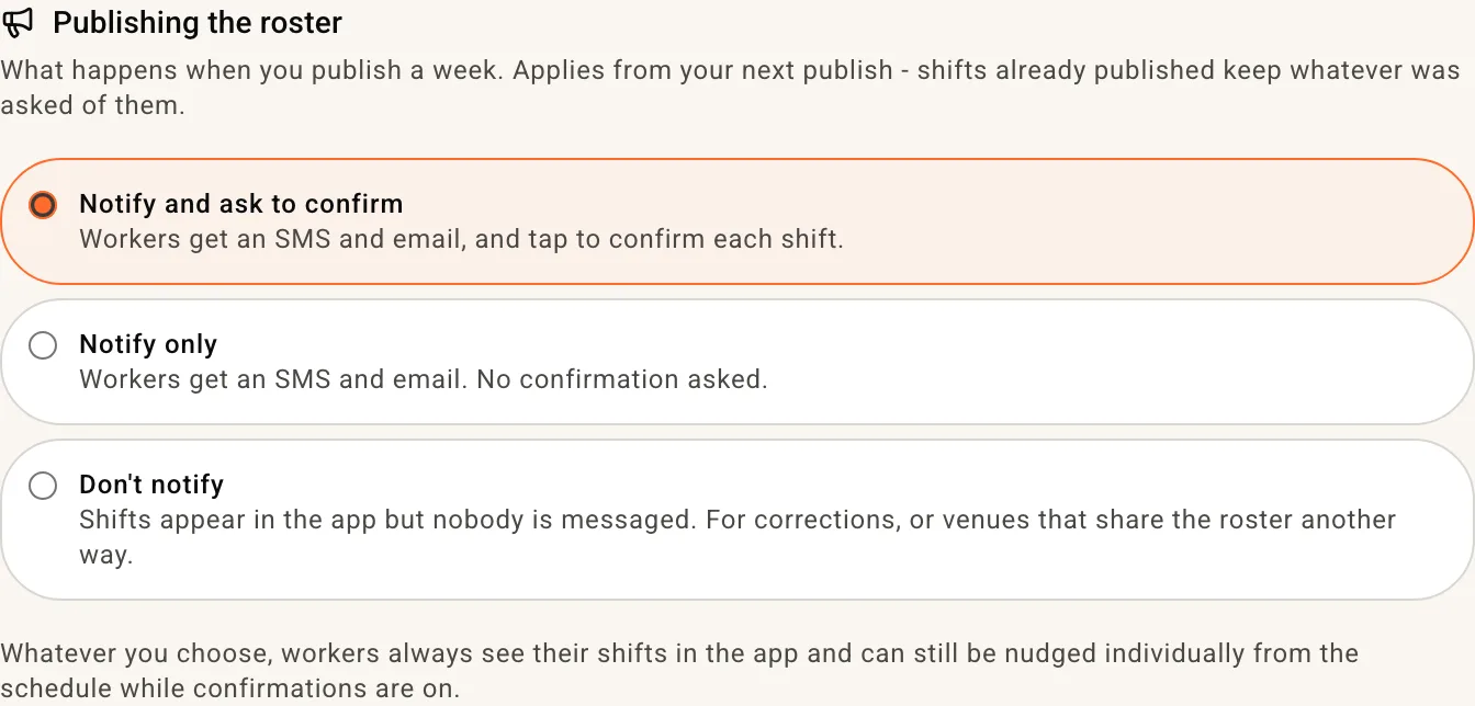 The Publishing the roster setting with its three options