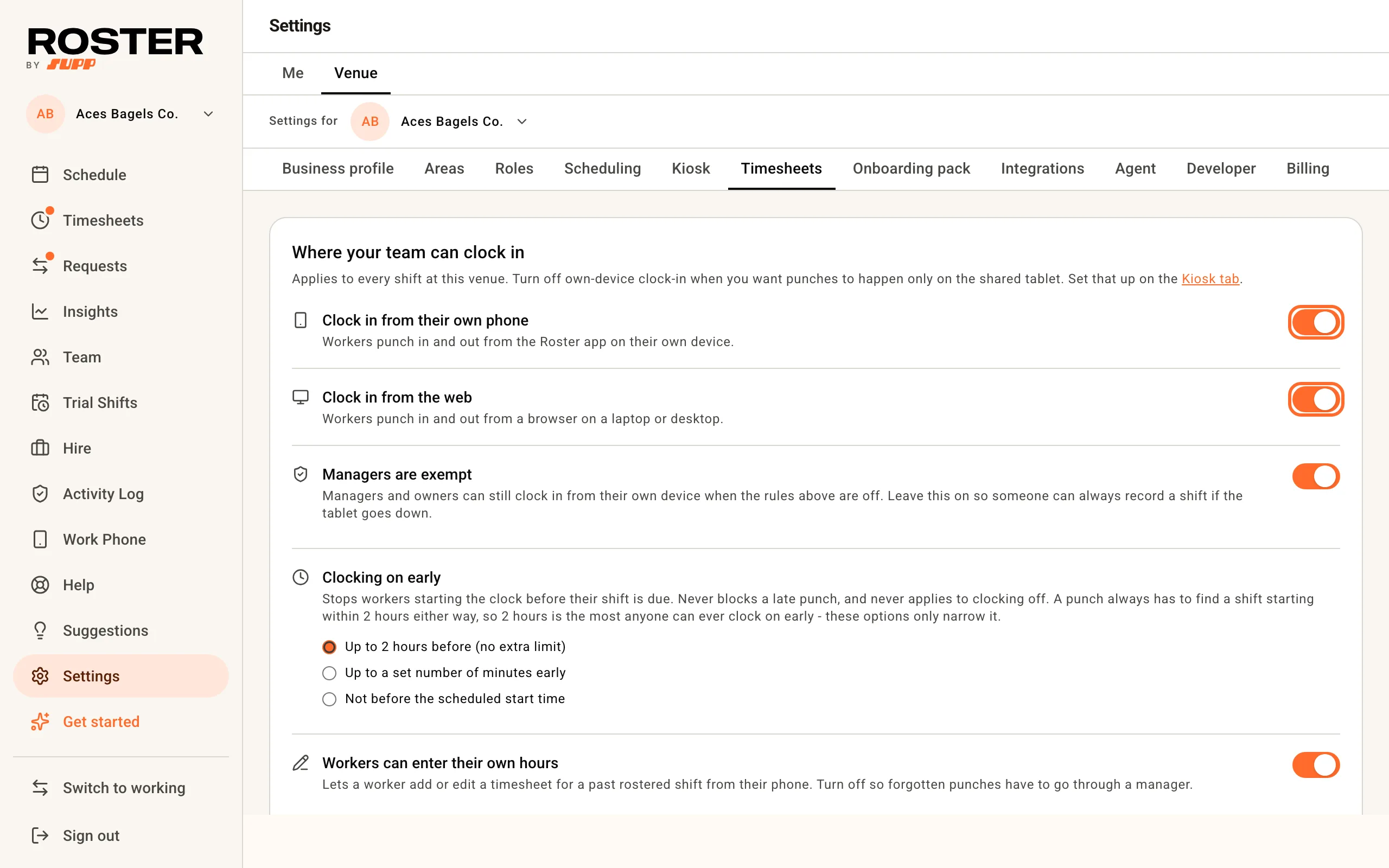 The Where your team can clock in settings with the phone and web switches ringed