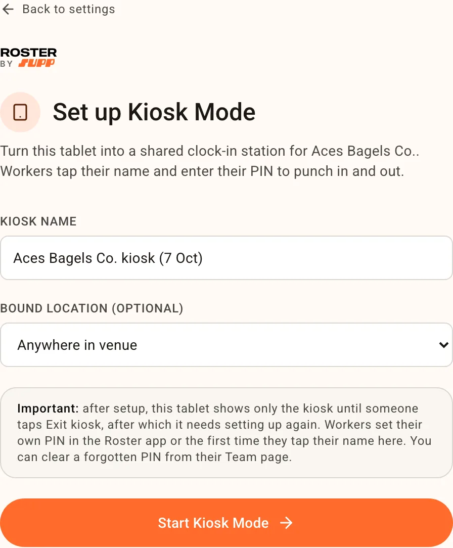 The Set up Kiosk Mode screen on the tablet