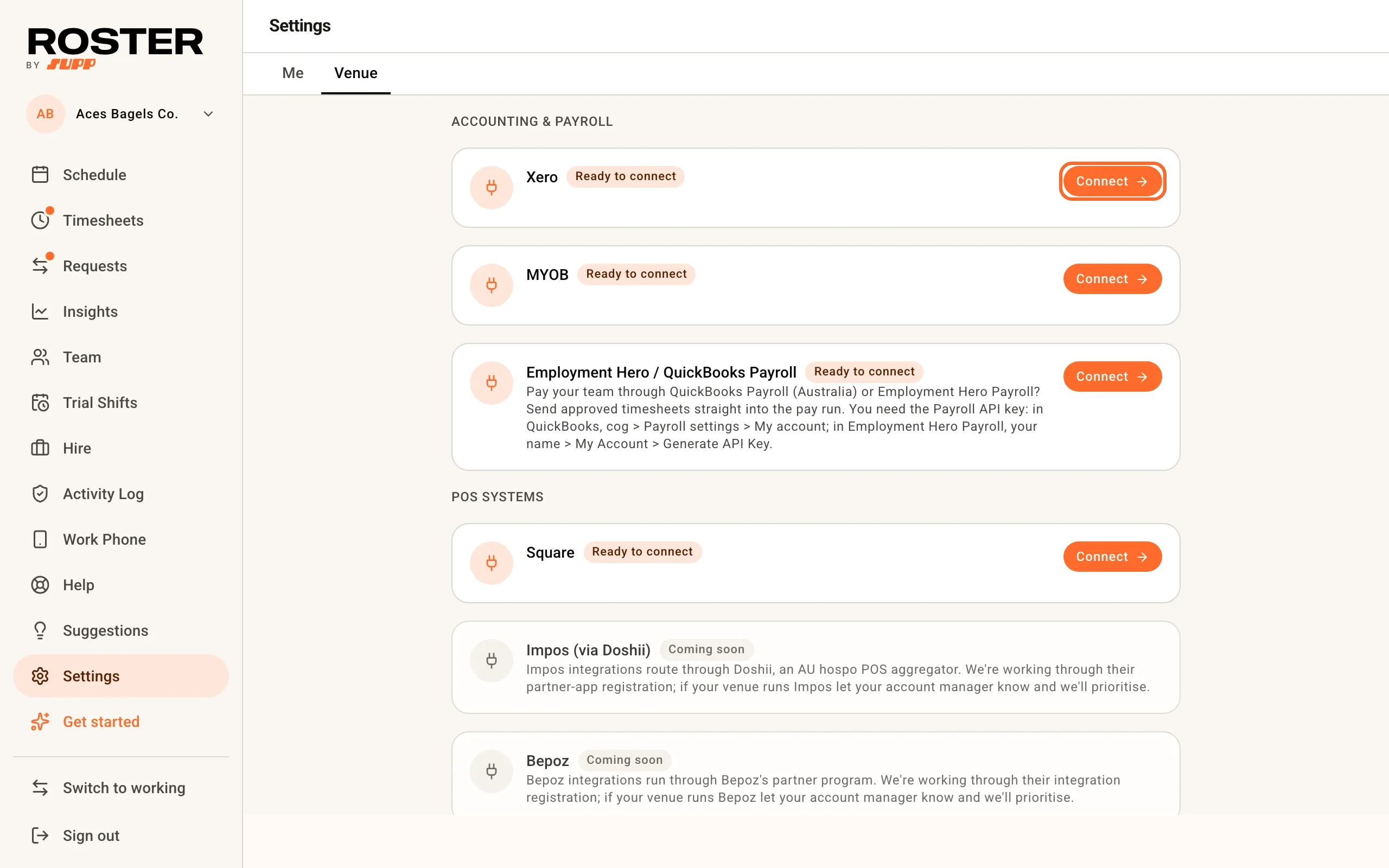The Accounting & payroll section with Connect ringed next to Xero